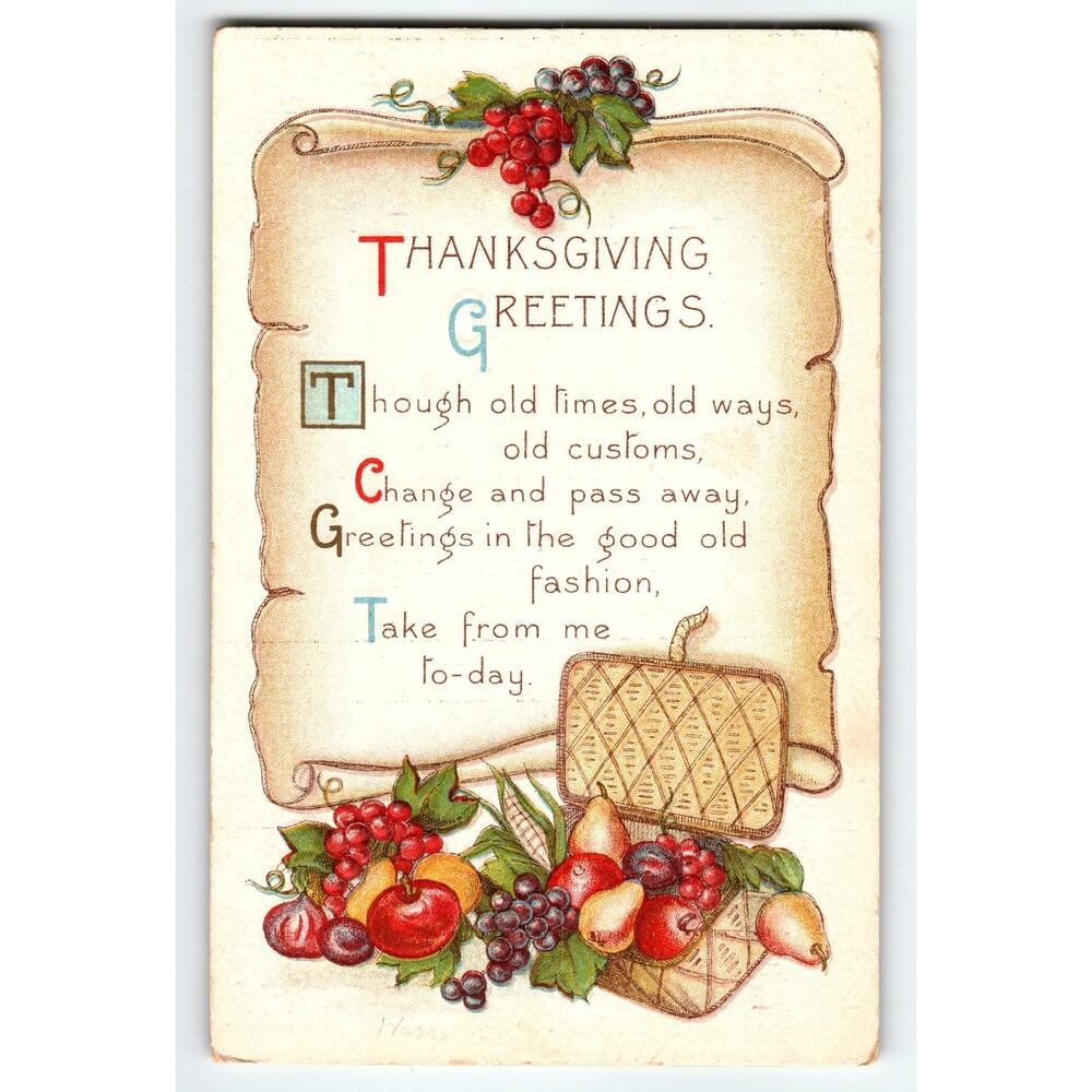 Vintage Thanksgiving Greetings Lithograph Postcard with Fruit Basket